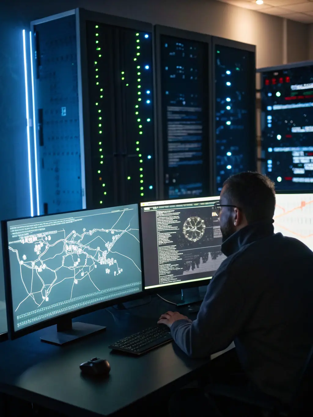 A network security professional monitoring a dashboard with real-time threat detection, illustrating reduced downtime through proactive security measures.